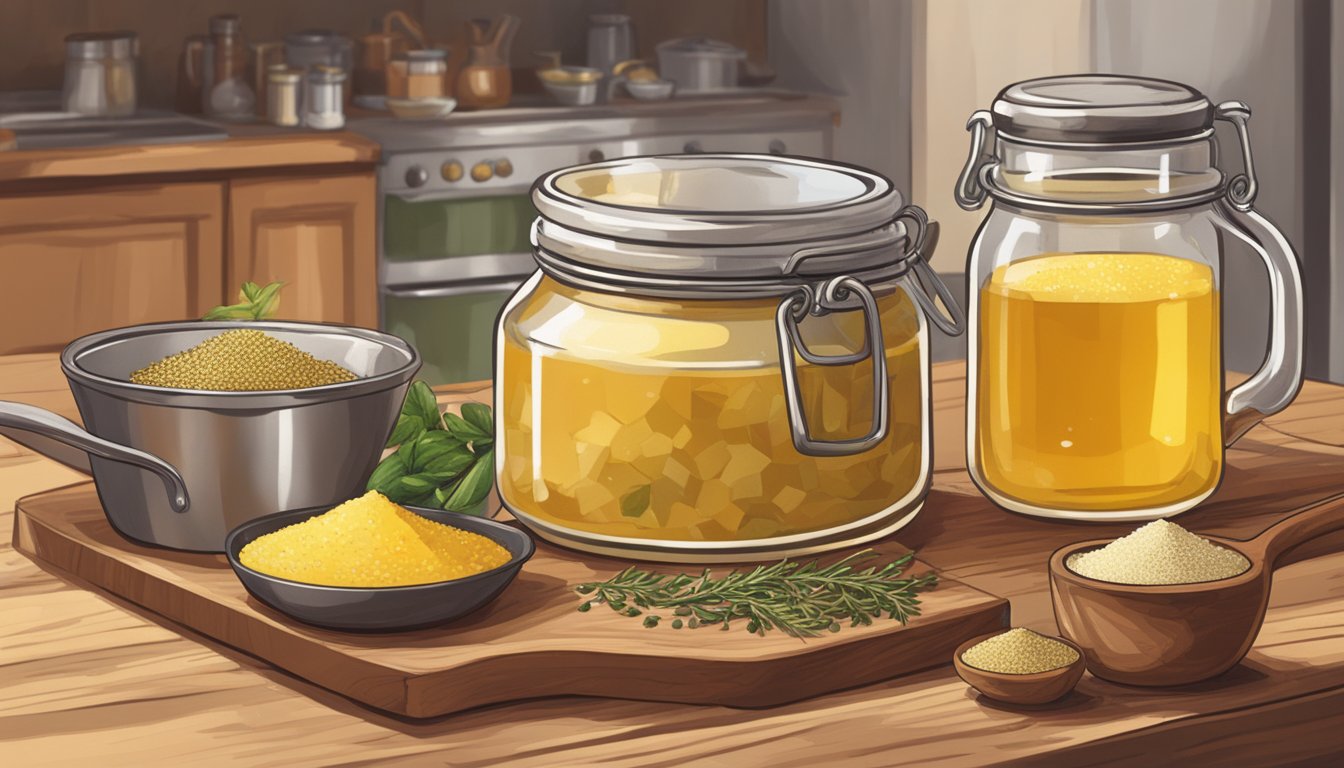 A jar of ghee sits on a wooden kitchen counter, surrounded by various spices and herbs. A skillet sizzles as ghee is poured into it, filling the room with a rich, nutty aroma