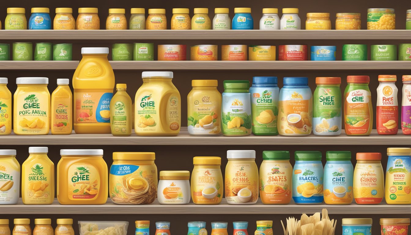 A display of top ghee brands in the USA, with colorful packaging and prominent logos, arranged neatly on a shelf in a well-lit grocery store aisle