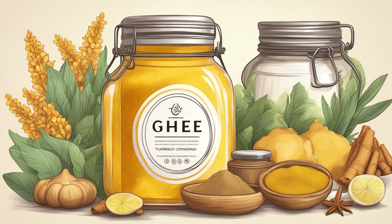A jar of ghee surrounded by various ingredients like turmeric, ginger, and cinnamon, with a glowing halo to signify its health benefits
