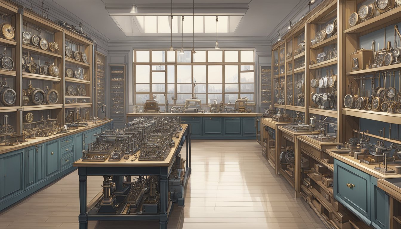A workshop filled with intricate watchmaking tools and machinery, with shelves lined with beautifully crafted Genevan watches from various renowned brands