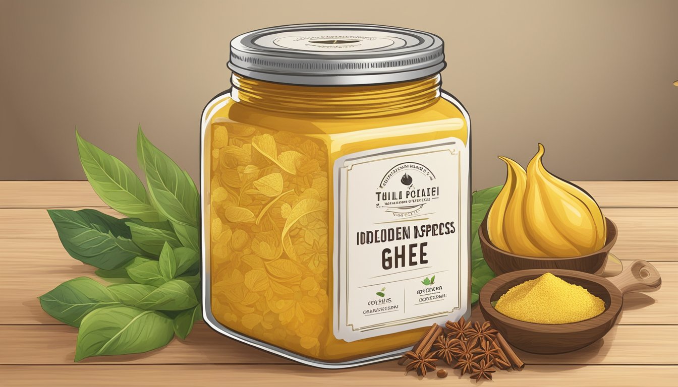 A glass jar of golden ghee sits on a wooden table, surrounded by fresh ingredients and traditional Indian spices. The label proudly displays the brand's commitment to quality and purity