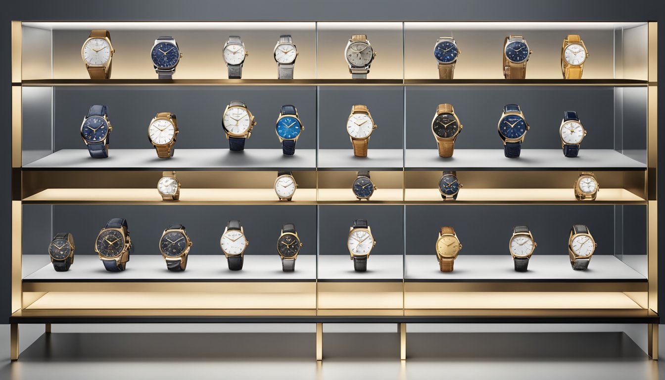 A display of iconic Geneve watch brands arranged on a sleek and modern showcase, with each timepiece showcasing intricate details and craftsmanship