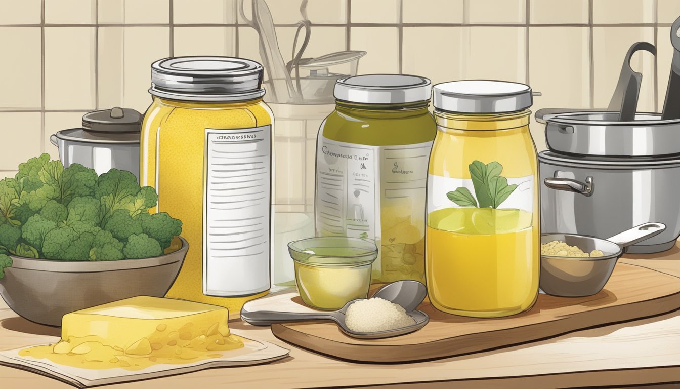 A jar of ghee sits on a kitchen counter, surrounded by various ingredients and utensils. A cookbook with "Innovative Uses of Ghee" is open to a page filled with unique recipes