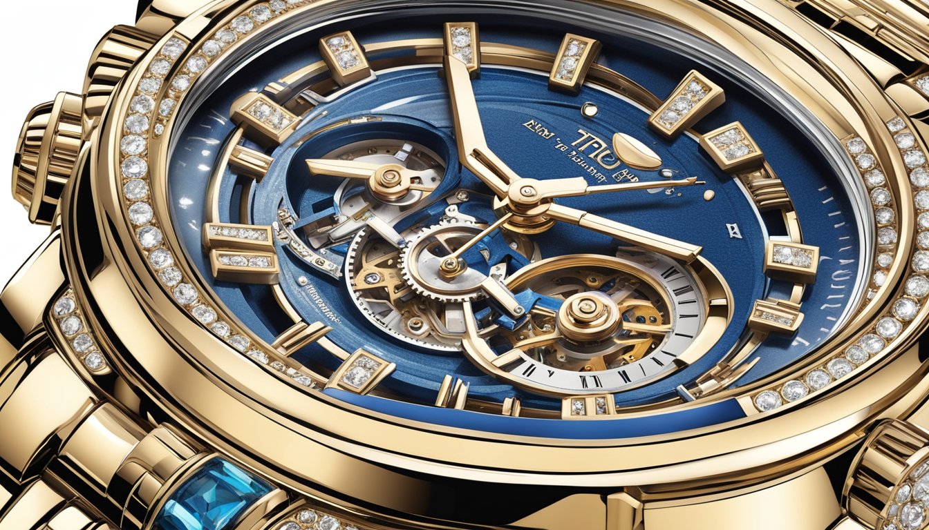 A luxurious watch adorned with sparkling jewels, nestled within a sleek and modern timepiece. The fusion of timekeeping and jewelry is evident in the intricate craftsmanship and elegant design
