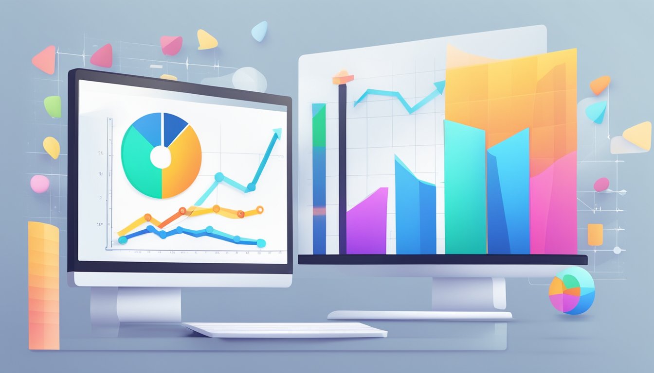 A computer screen displaying a colorful graph with upward trend, surrounded by engagement icons and analytics data