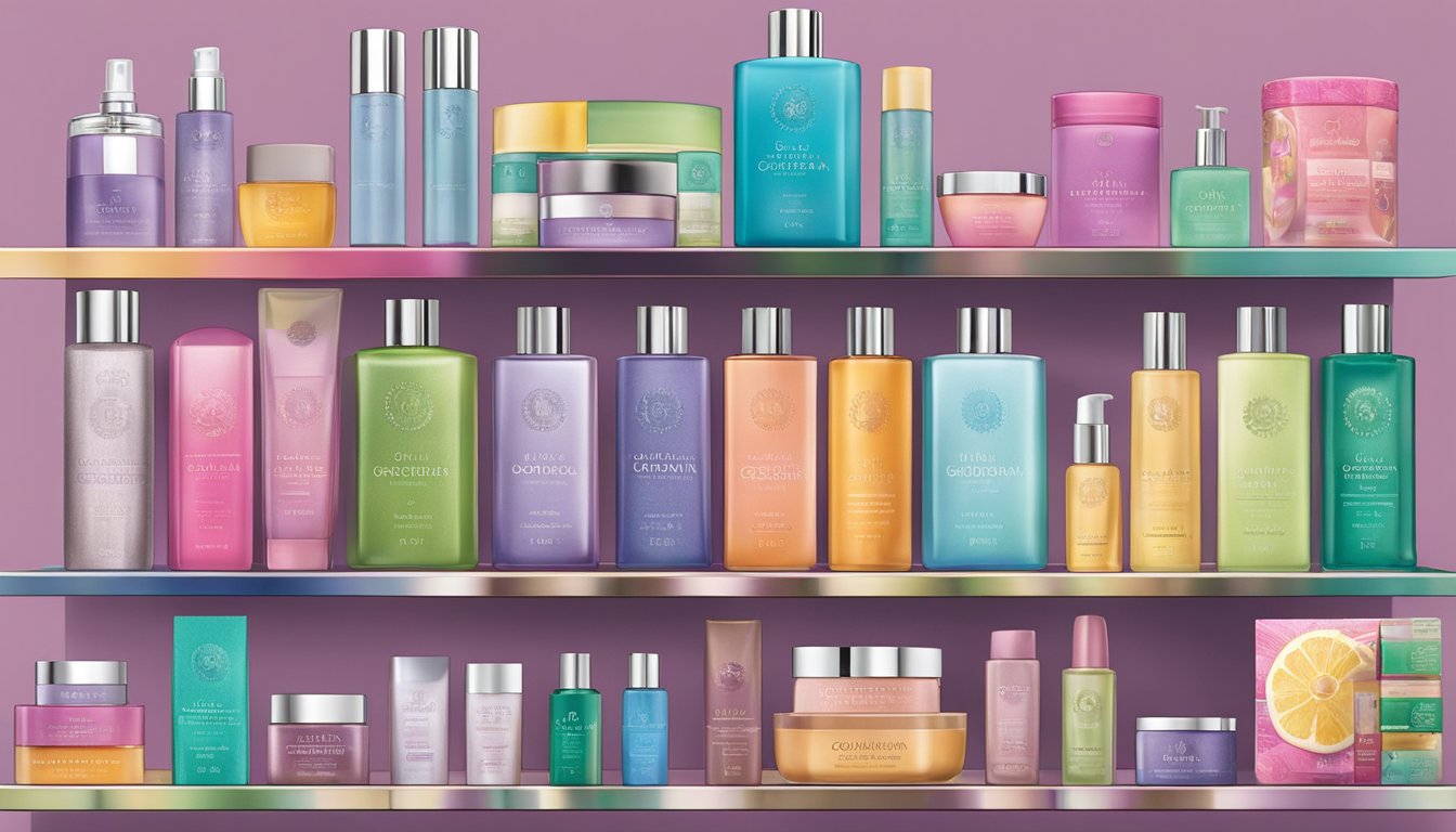 A colorful display of Gloria Vanderbilt brand products arranged on a sleek, modern shelf