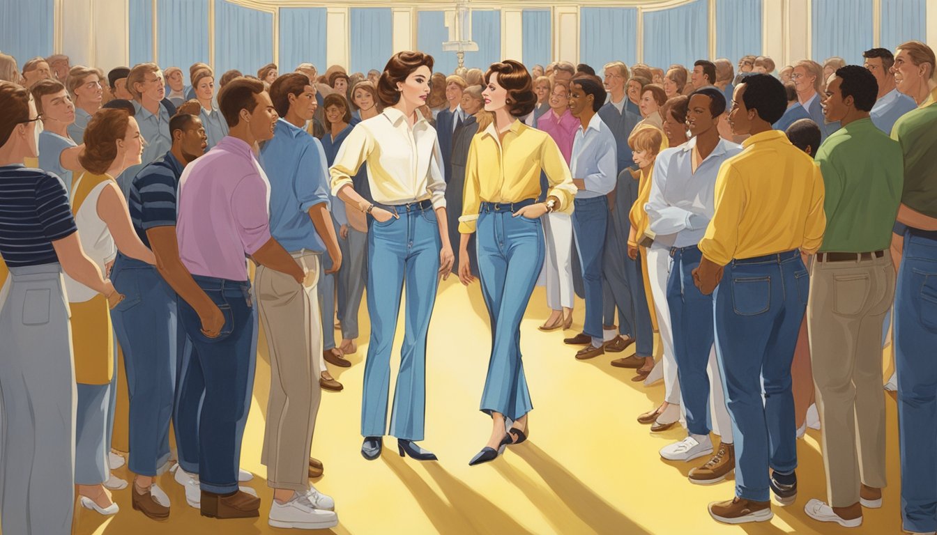 A pair of Gloria Vanderbilt jeans emerges from a golden spotlight, surrounded by a crowd of admiring onlookers