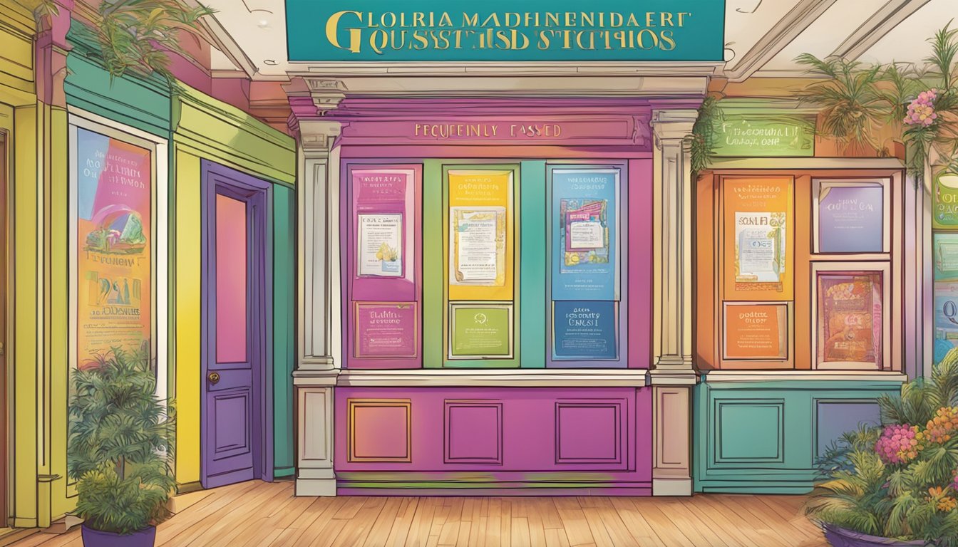 A colorful display of "Frequently Asked Questions" signs with the Gloria Vanderbilt brand logo prominently featured