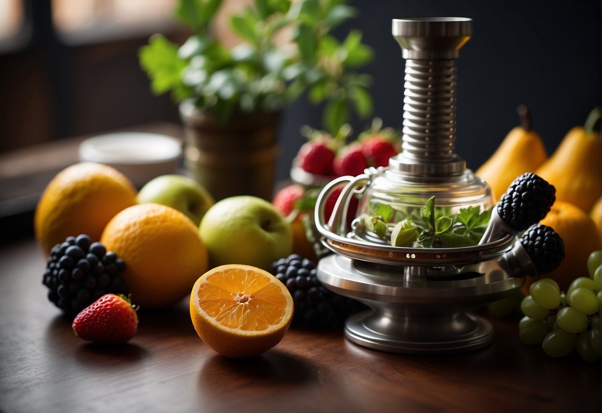 A hookah with no tobacco, surrounded by various fruit and herbal options, sits on a table