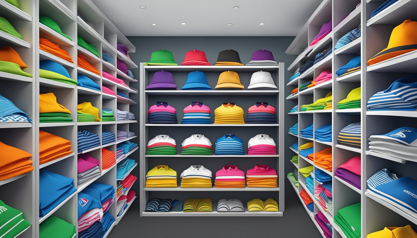 A display of colorful golf shirts arranged neatly on shelves, with brand logos prominently featured