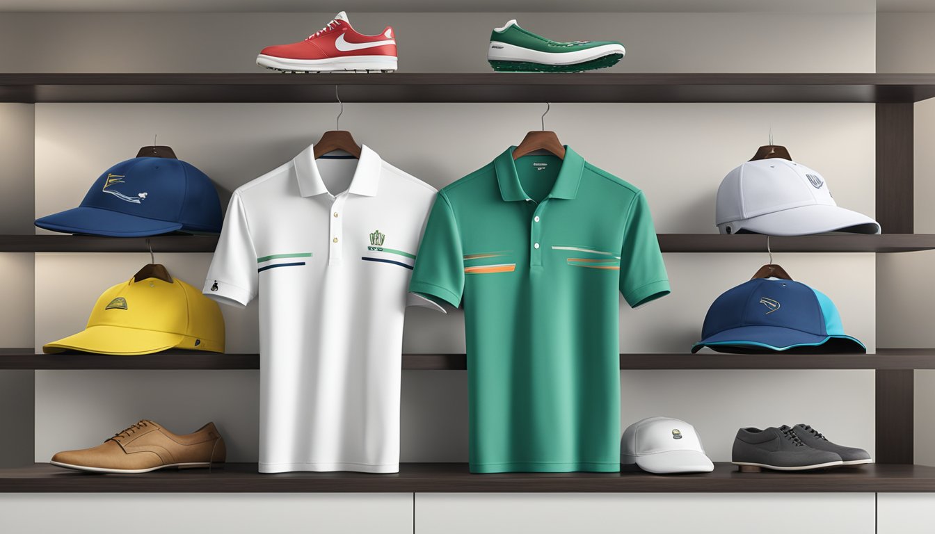 Three iconic golf shirt brands displayed on a sleek, modern shelf