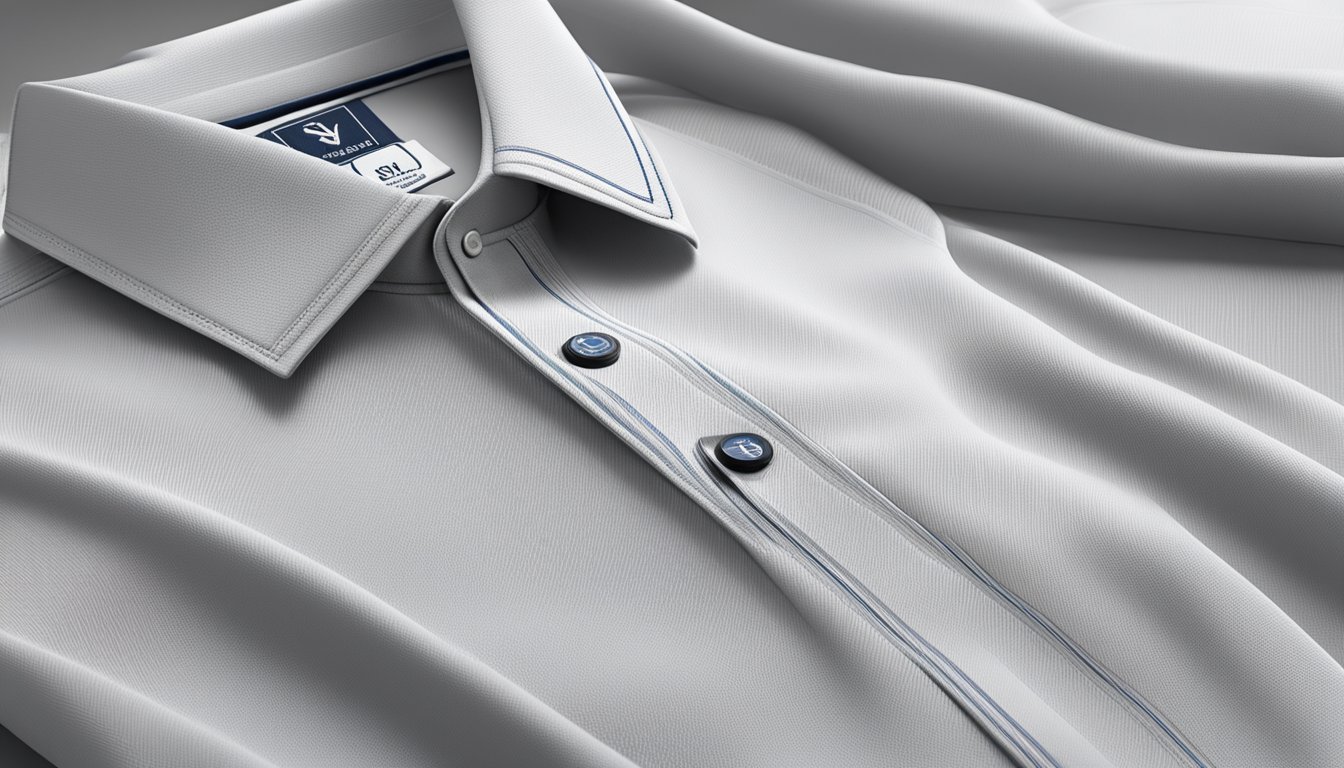 A golf shirt brand logo is embroidered on a sleek, breathable fabric, with subtle patterns and a modern color palette