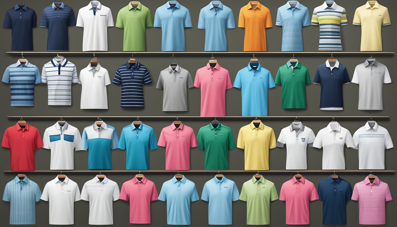 A neatly arranged display of golf shirts from various brands, with different colors and styles, showcasing the versatility of golf apparel for any occasion