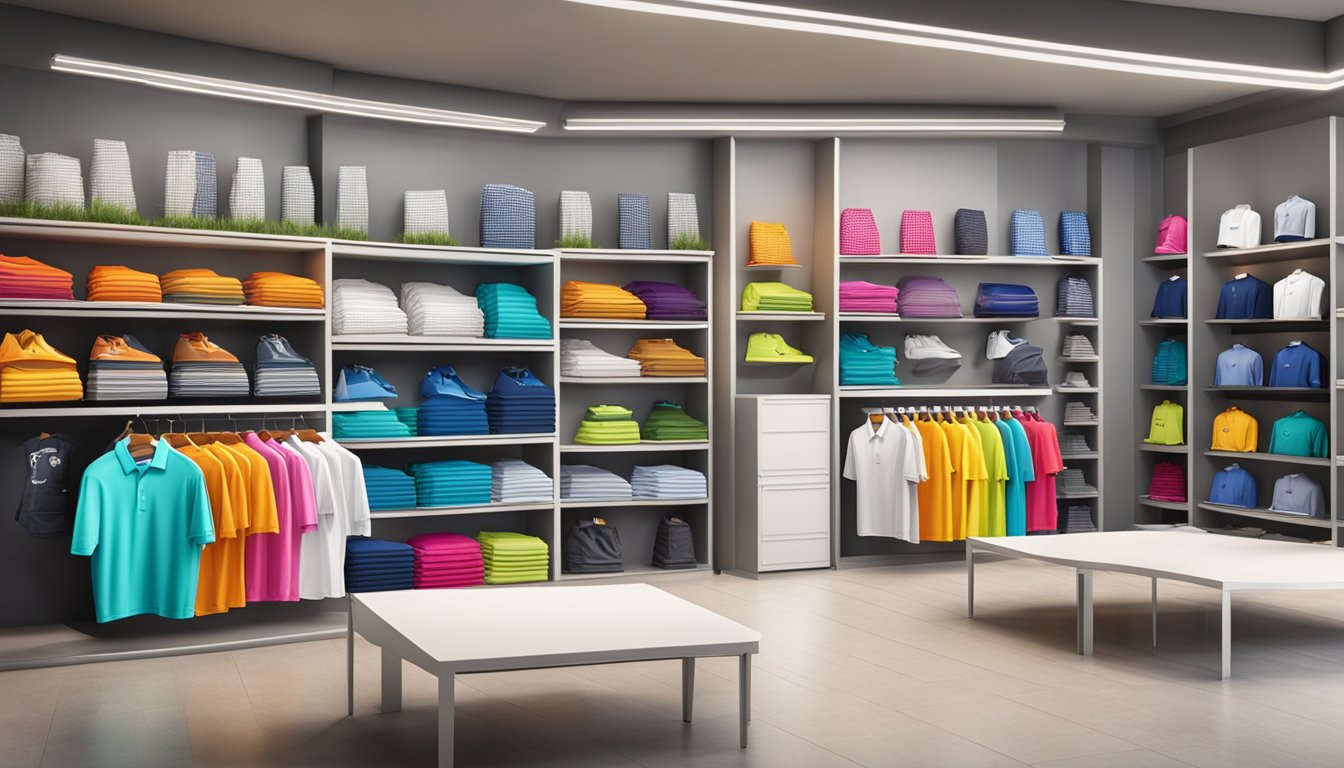 A display of colorful golf shirts with innovative designs and logos, arranged neatly on shelves in a well-lit store