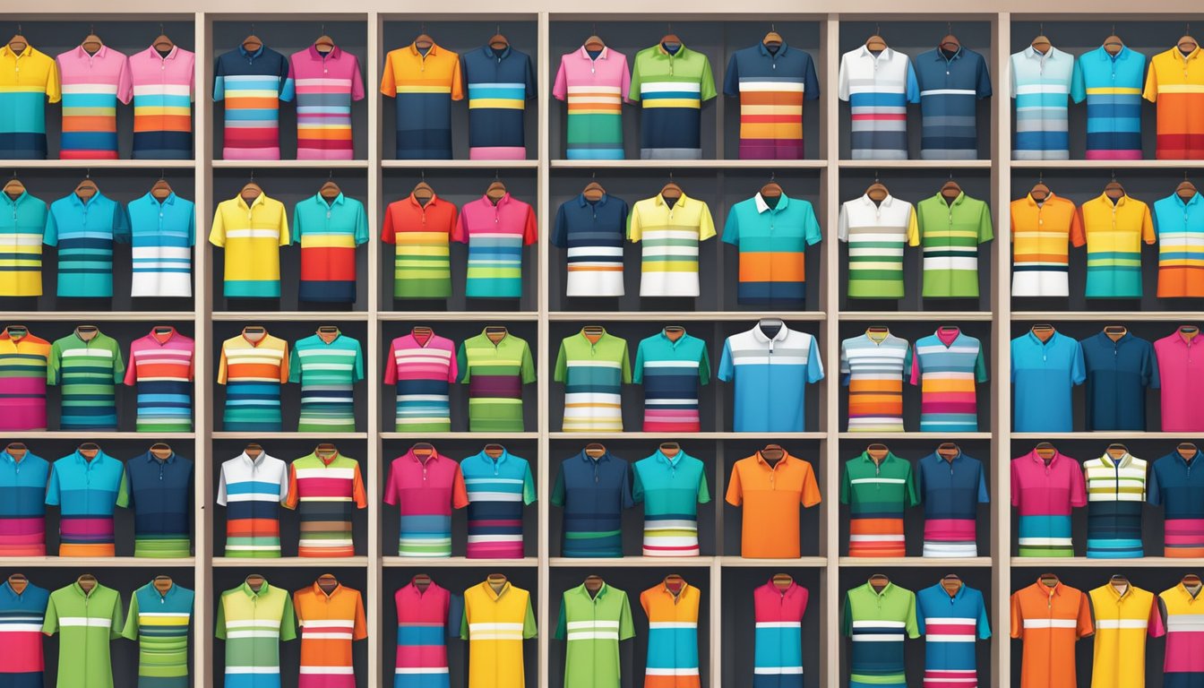 A display of colorful golf shirts from various top brands arranged neatly on shelves in a well-lit retail store