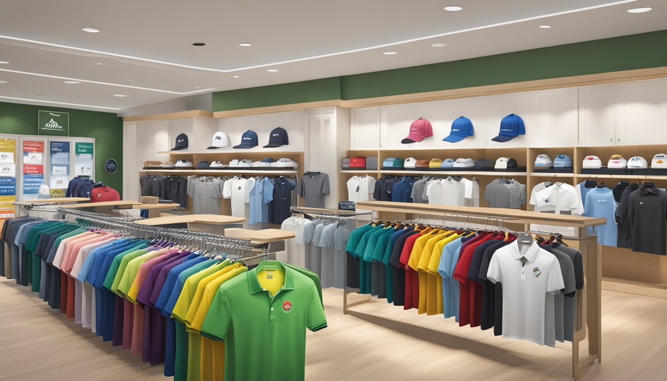 A display of various golf shirt brands with "Frequently Asked Questions" signage in a well-lit retail setting
