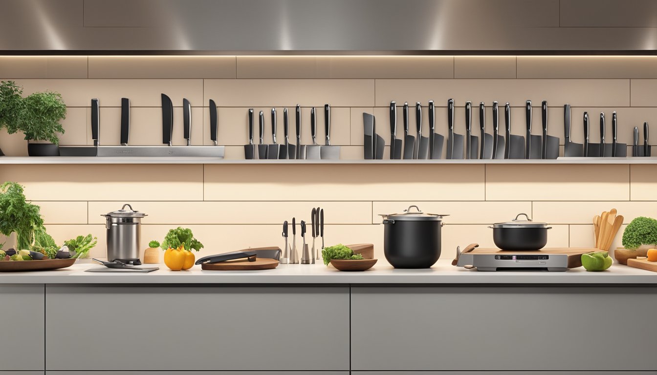 A collection of top chef knife brands displayed on a sleek, minimalist kitchen countertop, with each knife glinting under the bright overhead lighting