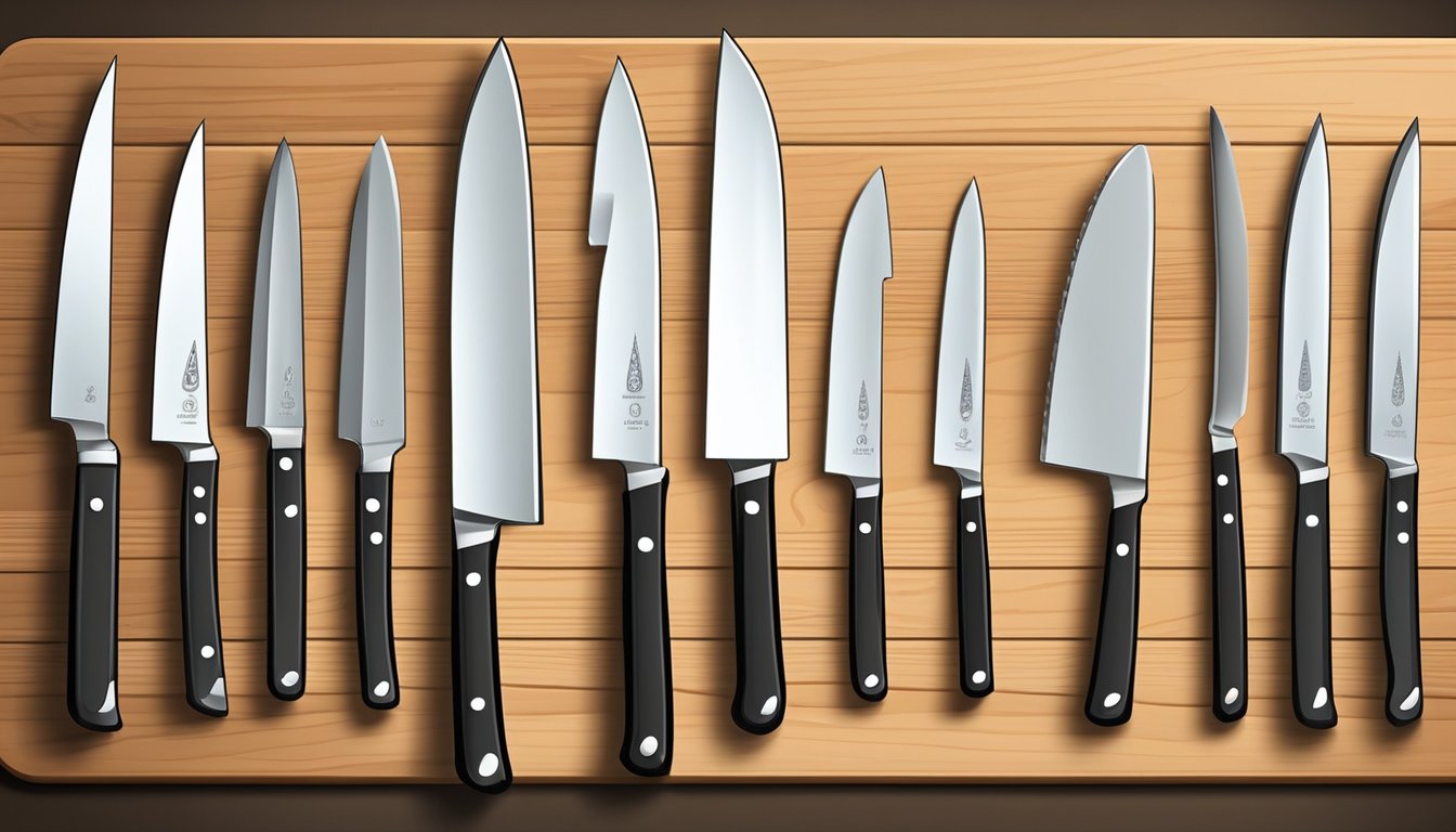 A chef knife stands on a wooden cutting board, surrounded by various high-quality knife brands. The blade glistens under the light, showcasing its sharpness and precision