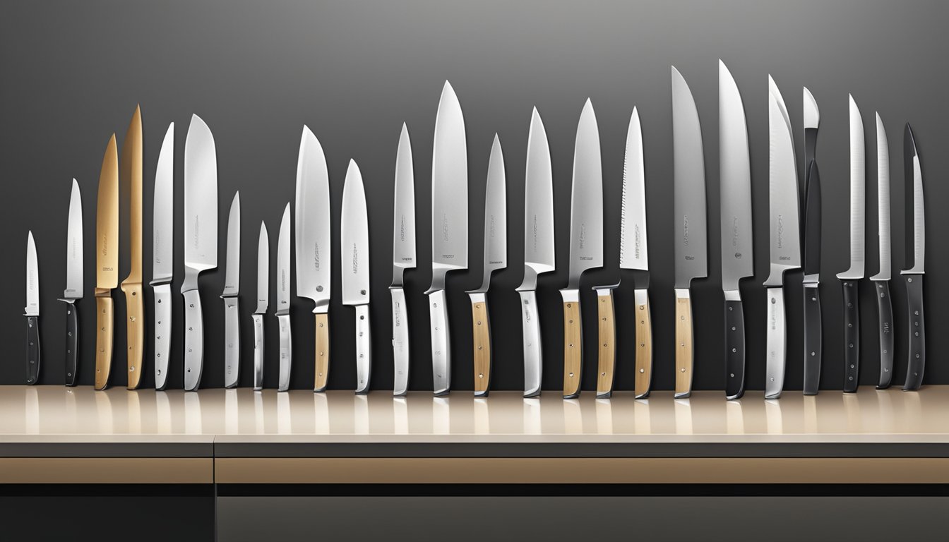 A collection of top chef knife brands displayed on a sleek, modern countertop. The knives are arranged neatly, with their sharp blades catching the light