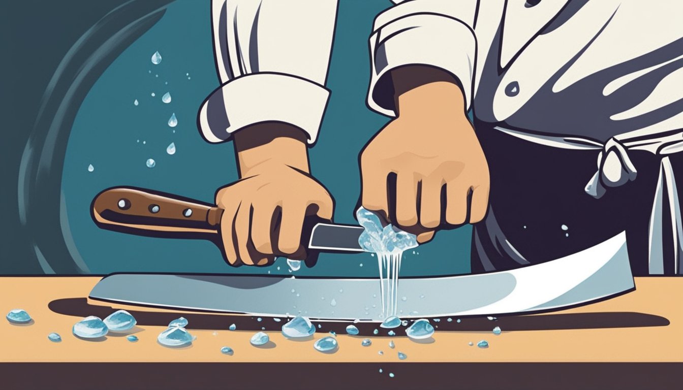 A hand holding a whetstone against a chef's knife, with drops of water splashing as the blade is being sharpened