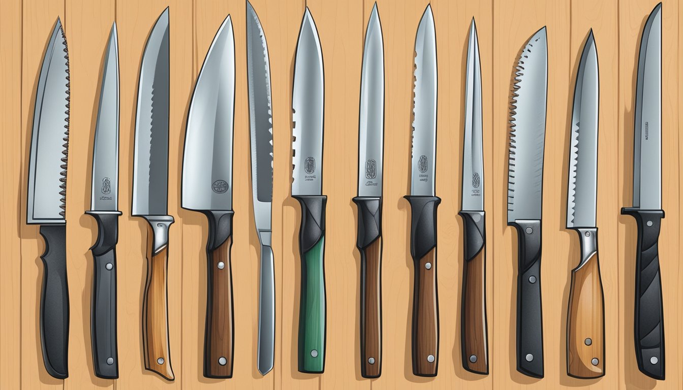A variety of specialty knives are displayed on a wooden cutting board, including chef knives from top brands