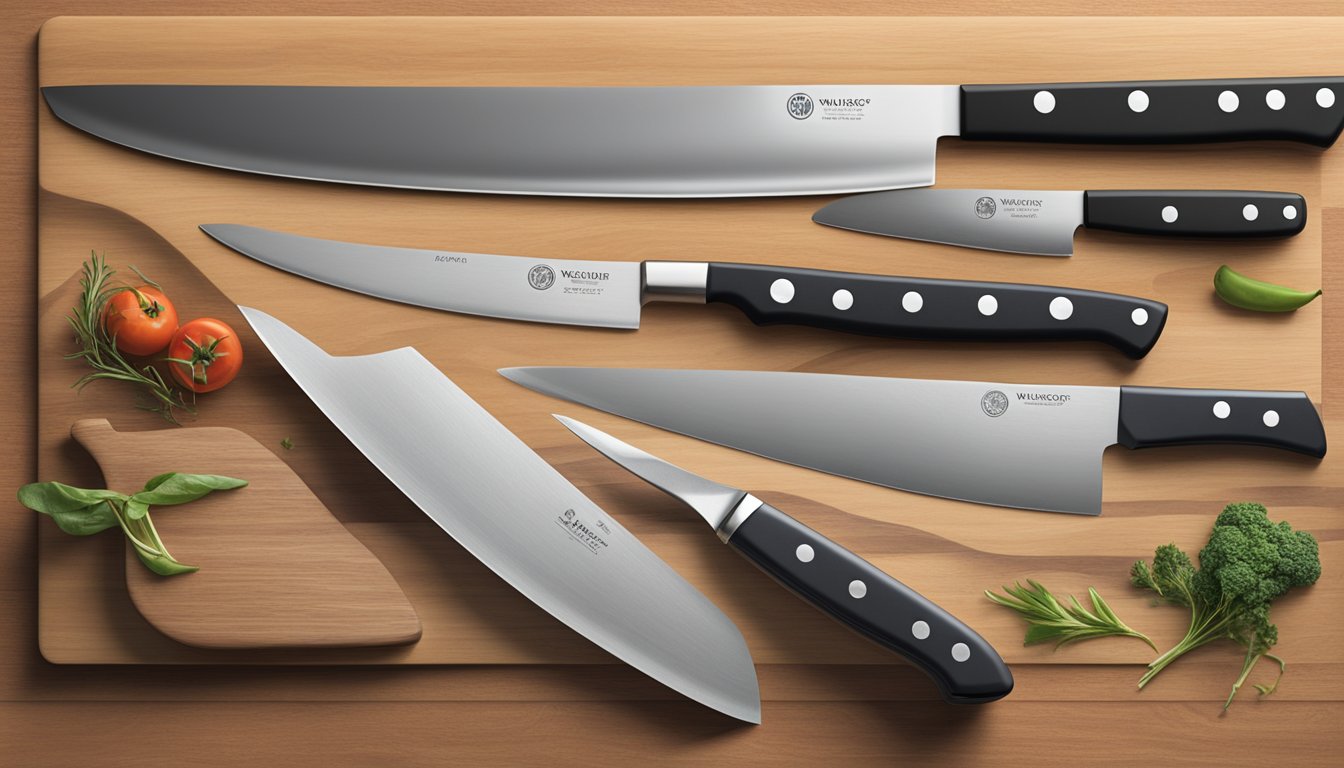 Various high-quality chef knives displayed on a wooden cutting board, including brands like Wusthof, Shun, and Global