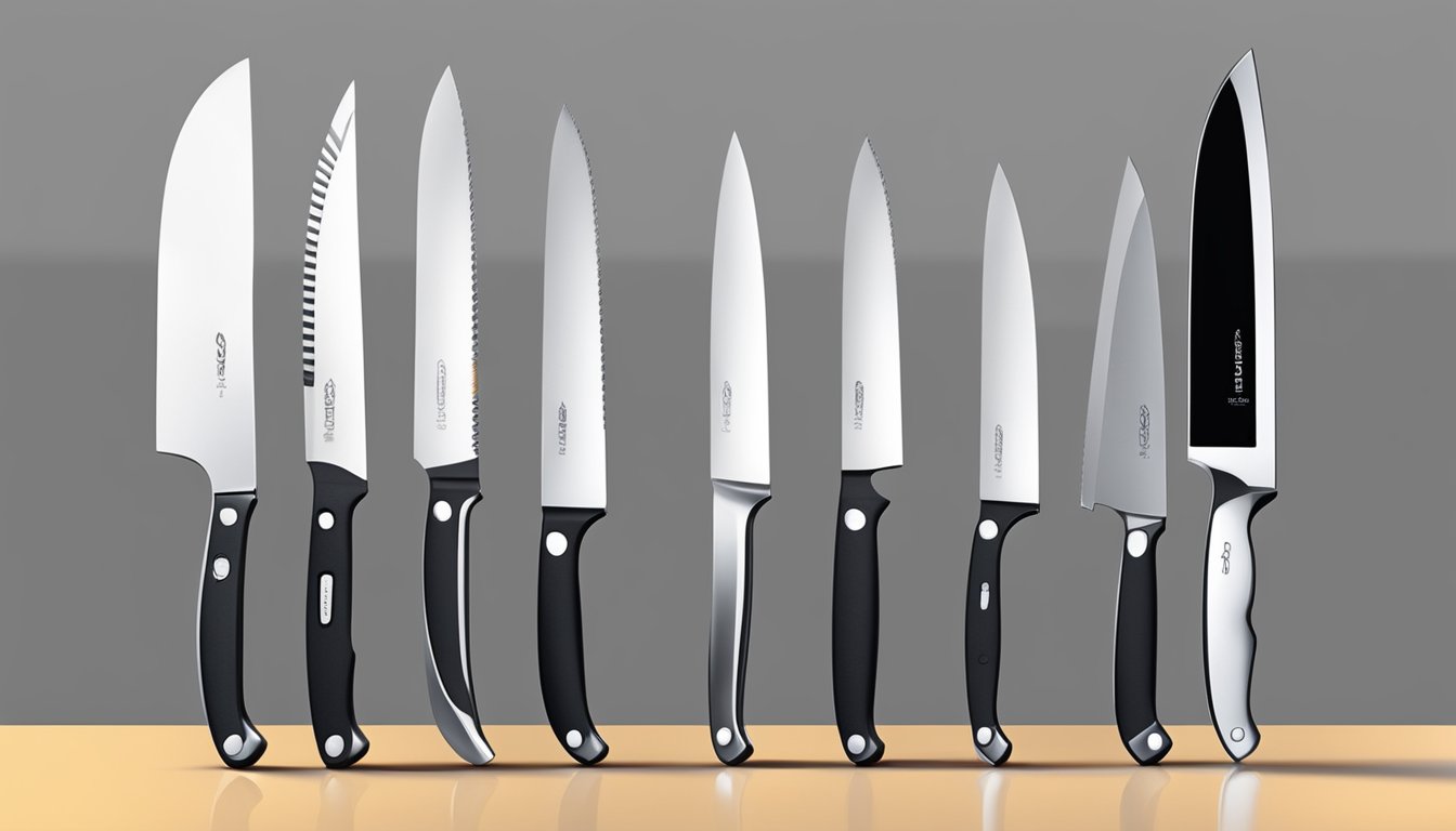 A variety of top chef knife brands arranged on a sleek, modern countertop with a spotlight shining on them