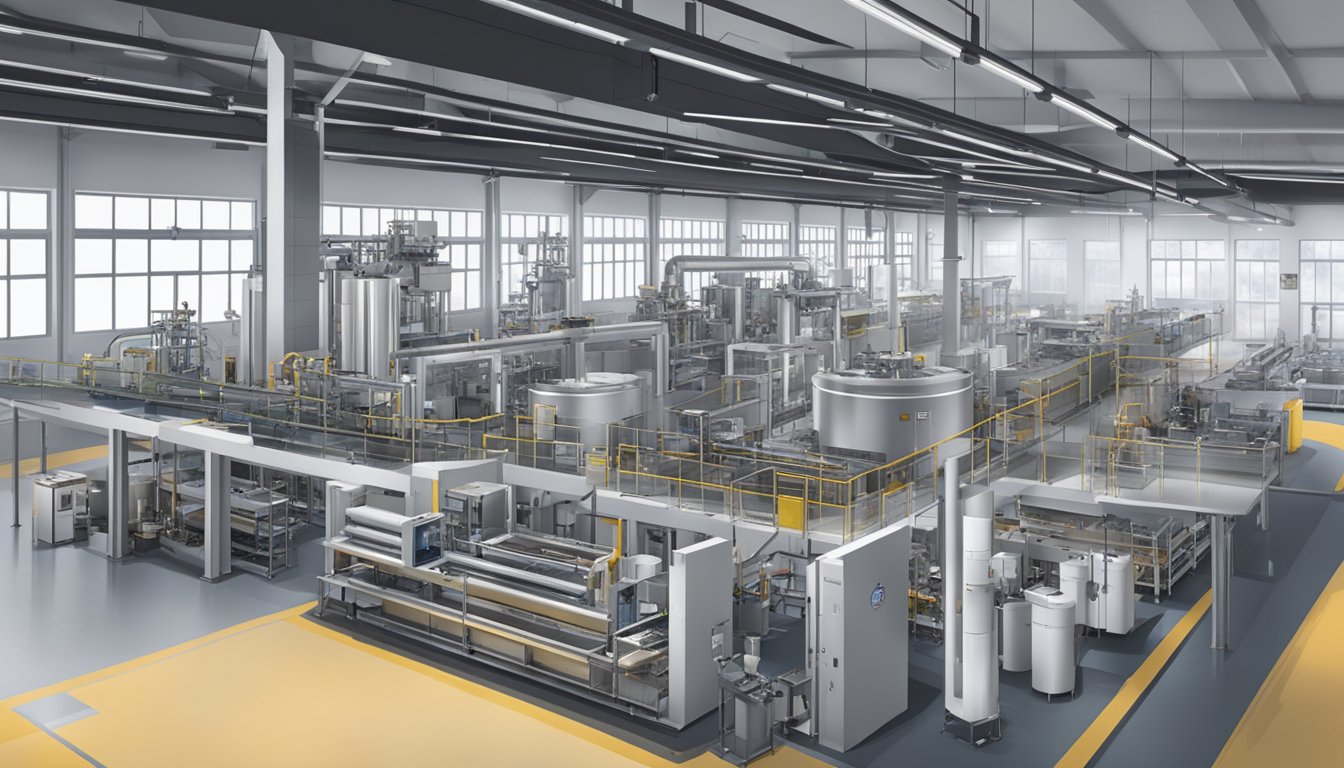 A pristine factory with state-of-the-art machinery, meticulous workers, and rigorous quality control processes in place. The GSP brand logo prominently displayed in the facility