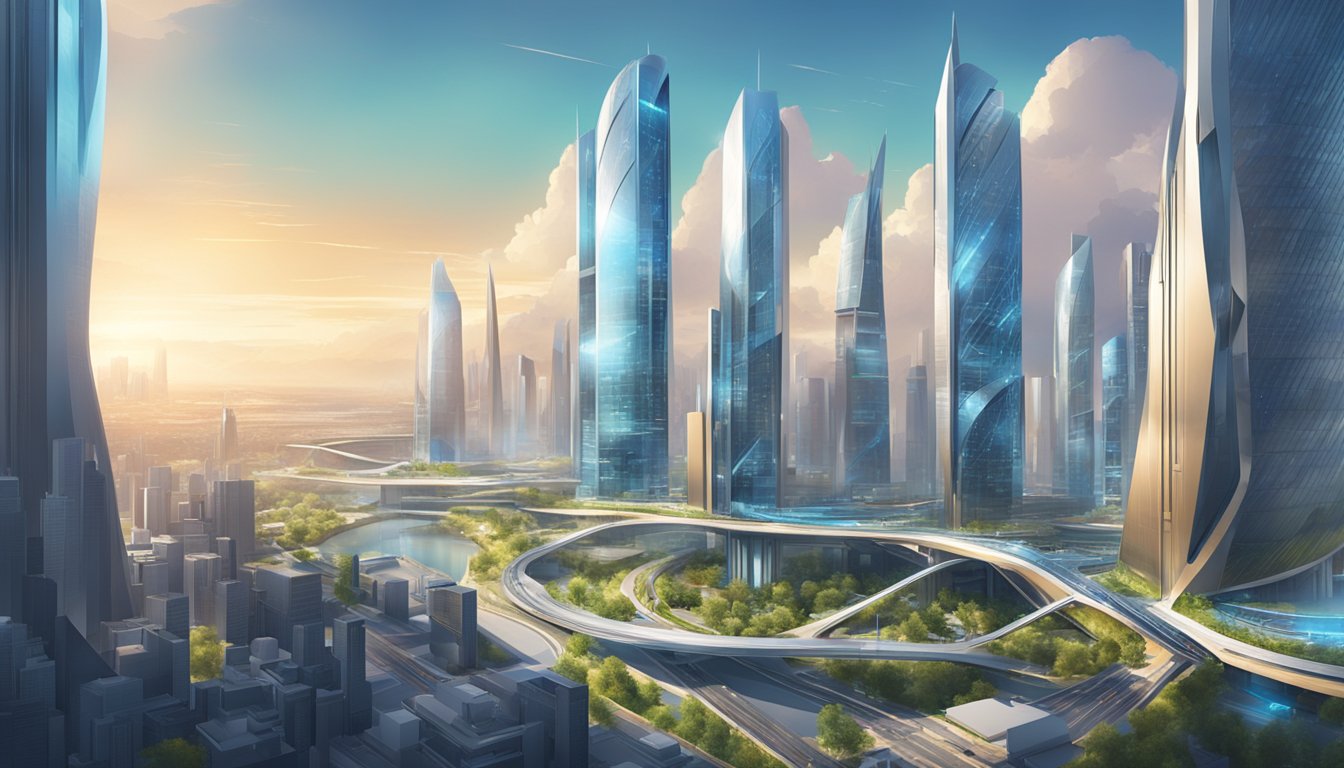 A futuristic cityscape with sleek, modern buildings and advanced technology integrated into the infrastructure