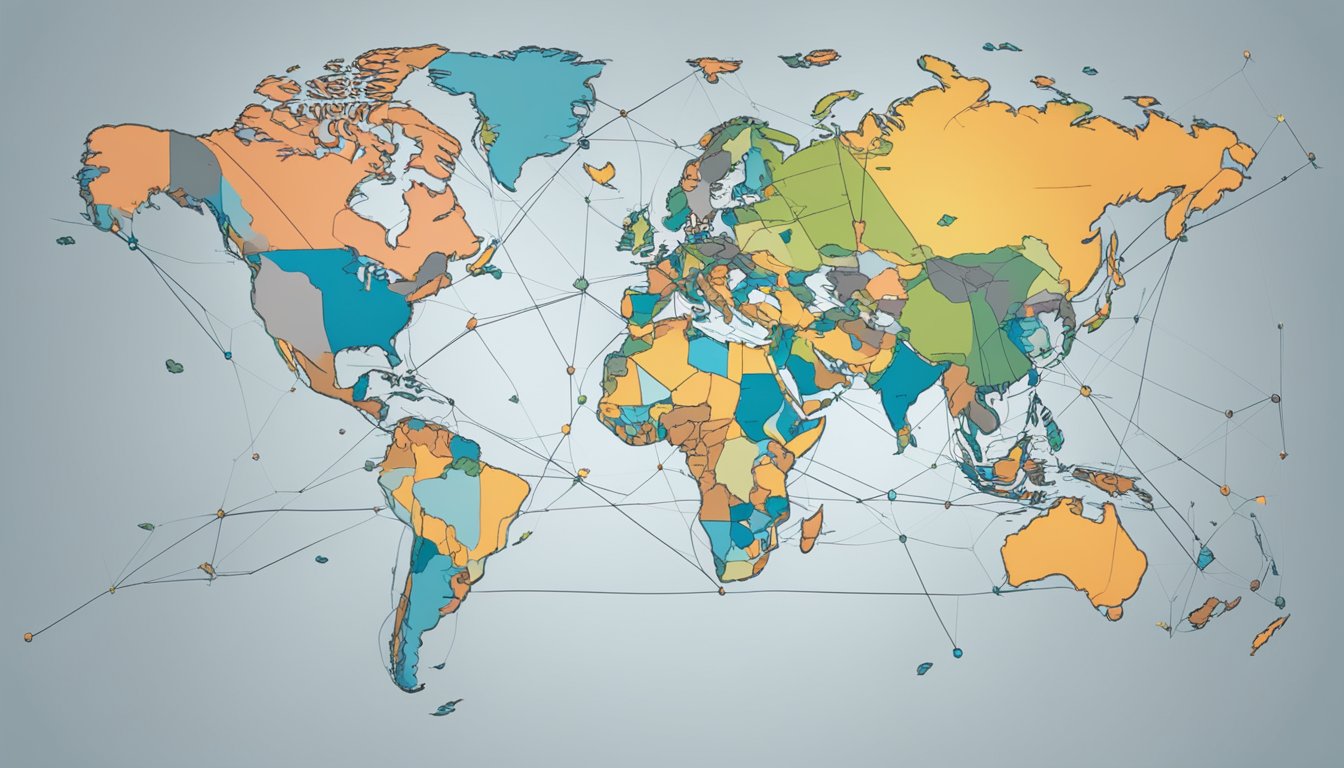 A world map with interconnected lines and nodes representing global distribution of GSP brand products