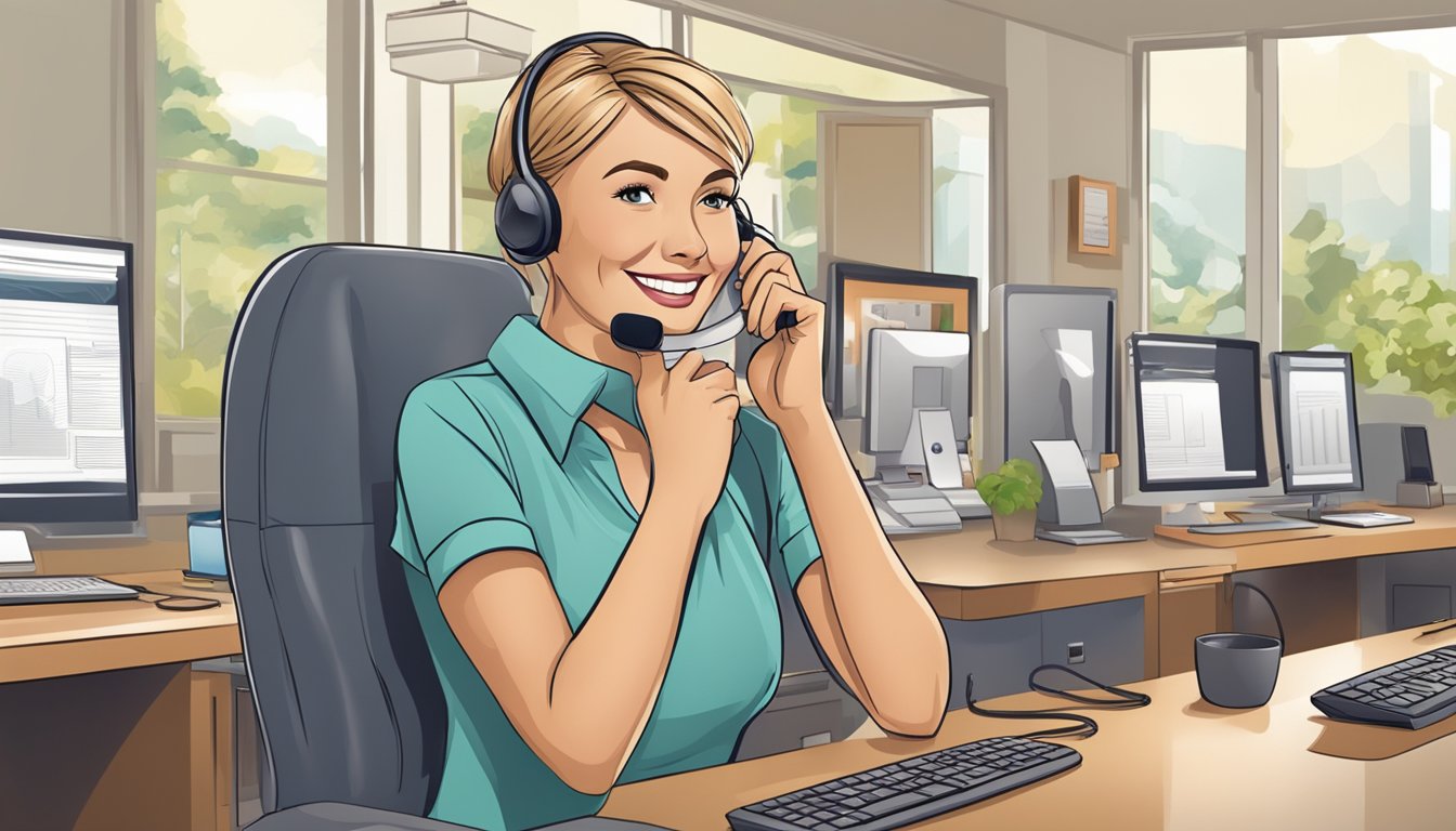 A customer service agent assists a happy customer over the phone, with a smile on their face and a helpful attitude