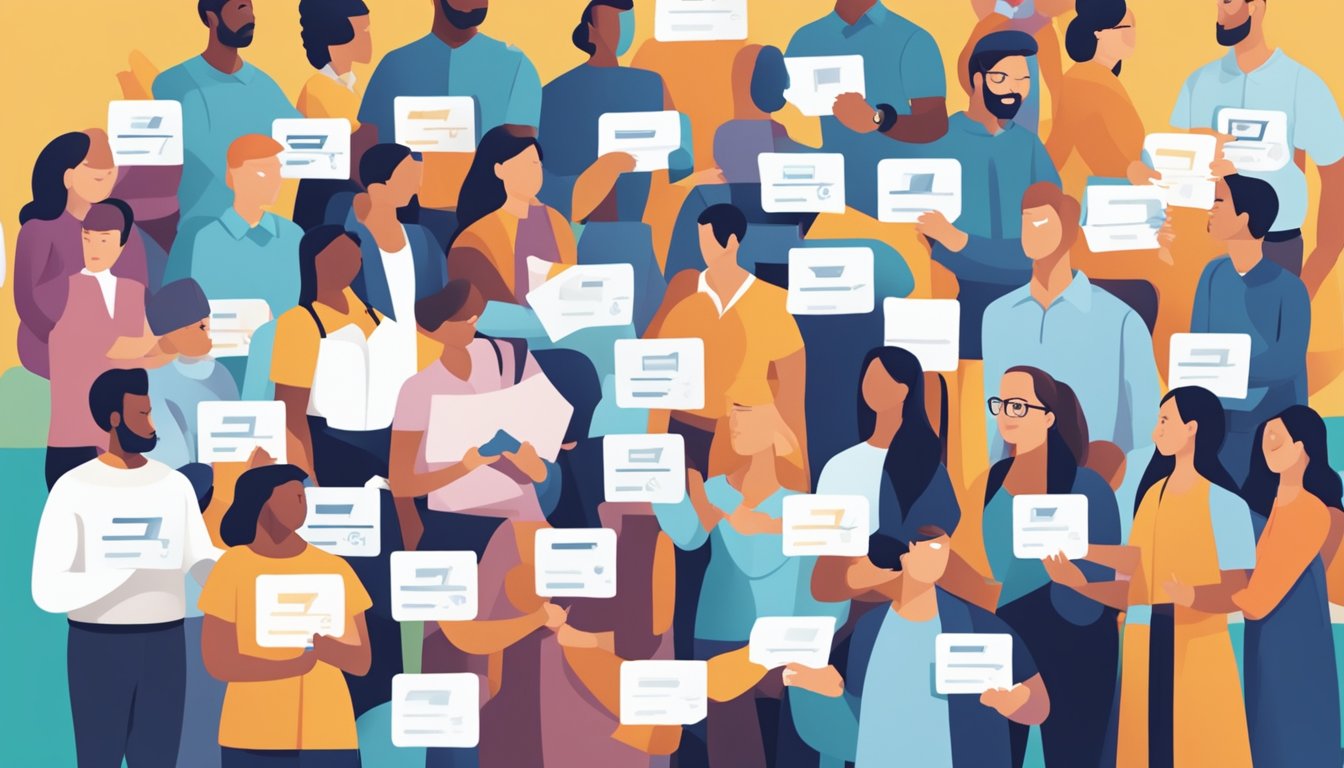 A stack of FAQ cards with the GSP brand logo on top, surrounded by a diverse group of people seeking information