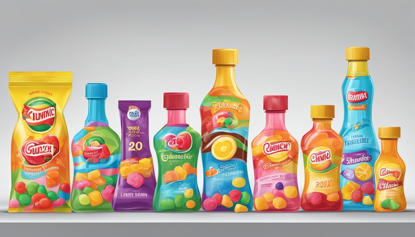 A timeline of gummy candy brands from the past to present, showcasing iconic packaging and flavors