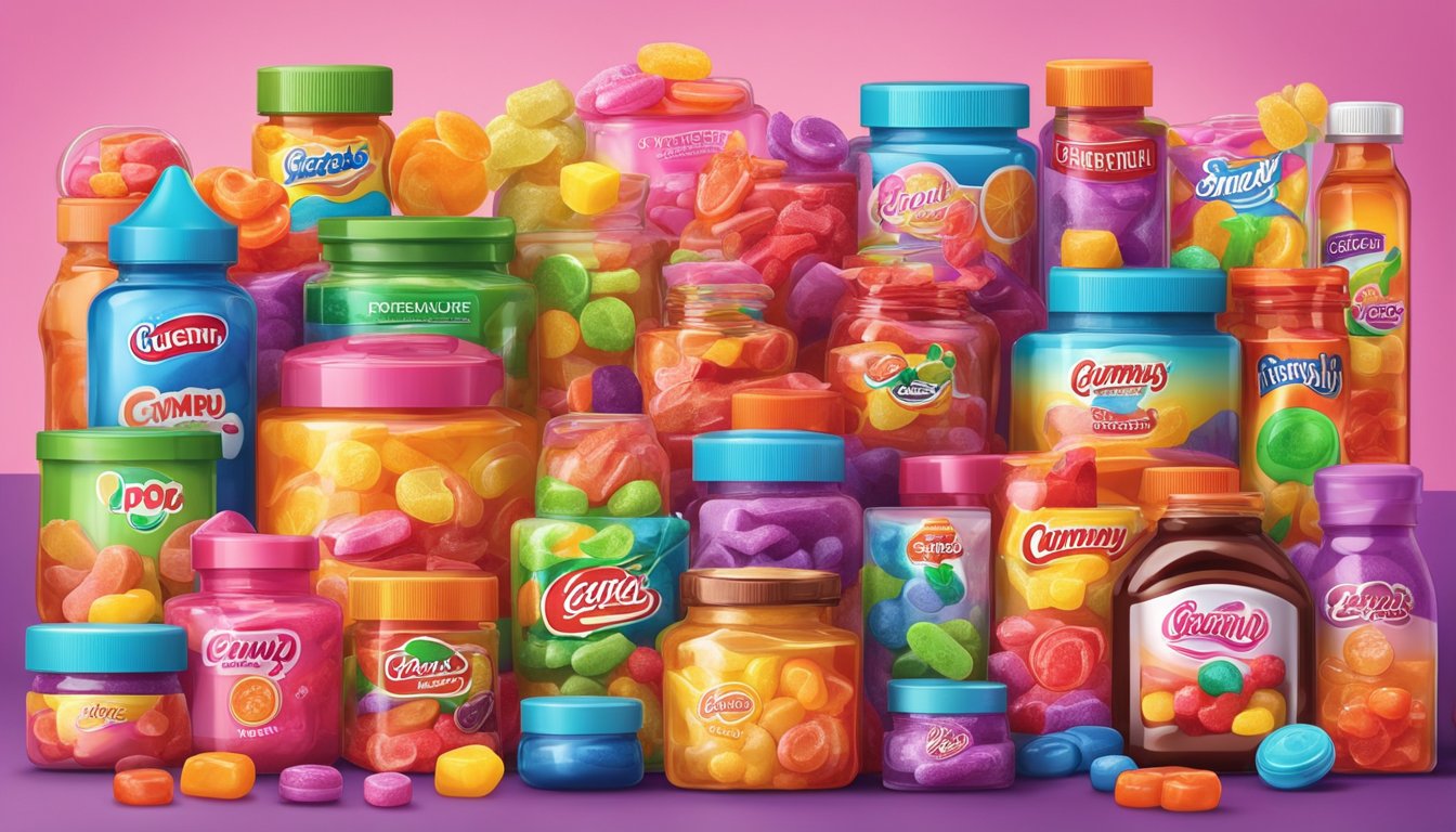 A colorful display of gummy candy brands and their signature products arranged on a bright, eye-catching backdrop