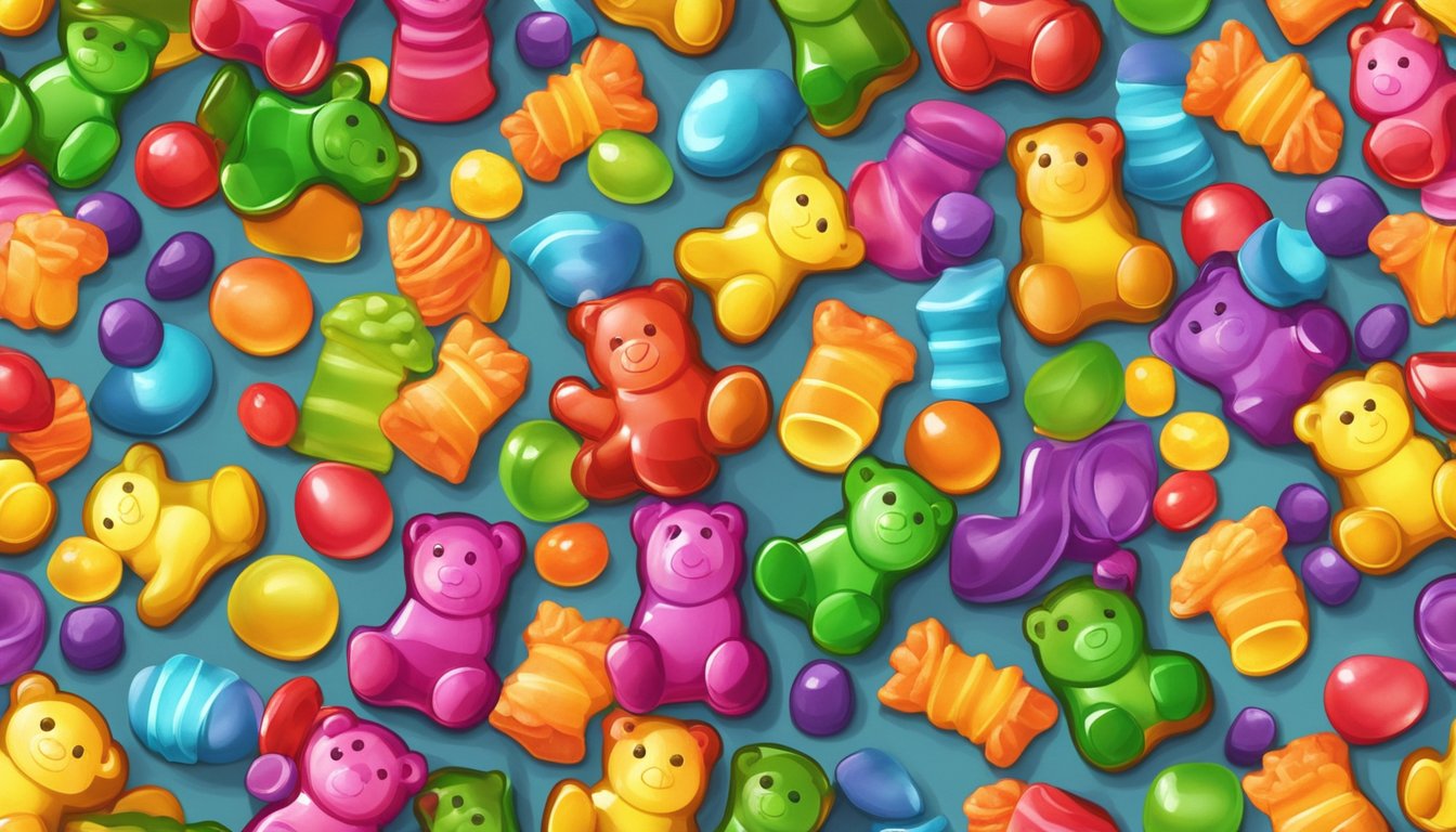 Colorful gummy candies spill from a glass jar, emitting a sweet, fruity aroma. The candies are shaped like bears, worms, and fruit slices, inviting a tactile and gustatory experience