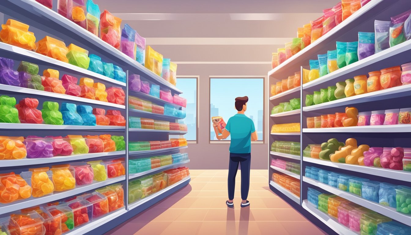 Various gummy candy brands displayed on shelves with colorful packaging and different flavors. A customer examines the options, considering factors like price and ingredients