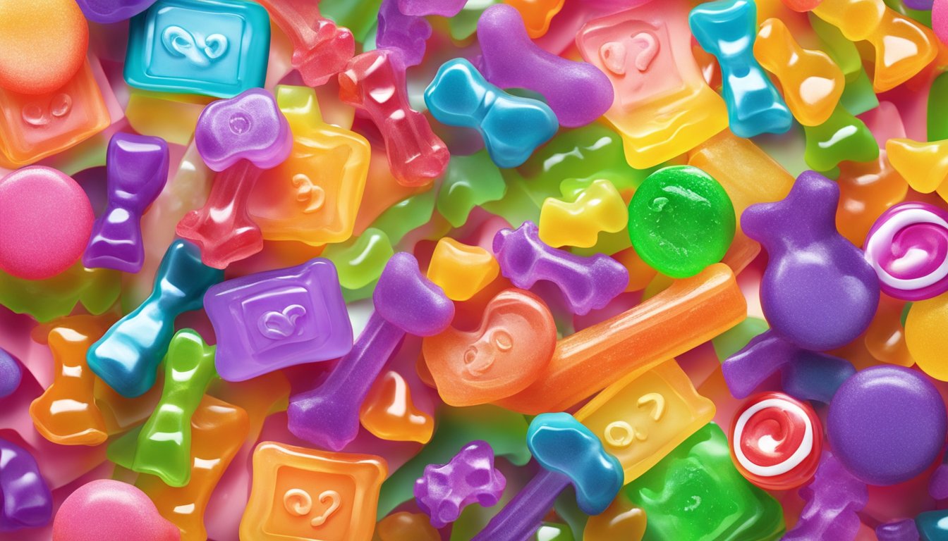 A colorful display of various gummy candy brands arranged on a vibrant backdrop with a "Frequently Asked Questions" sign in the background