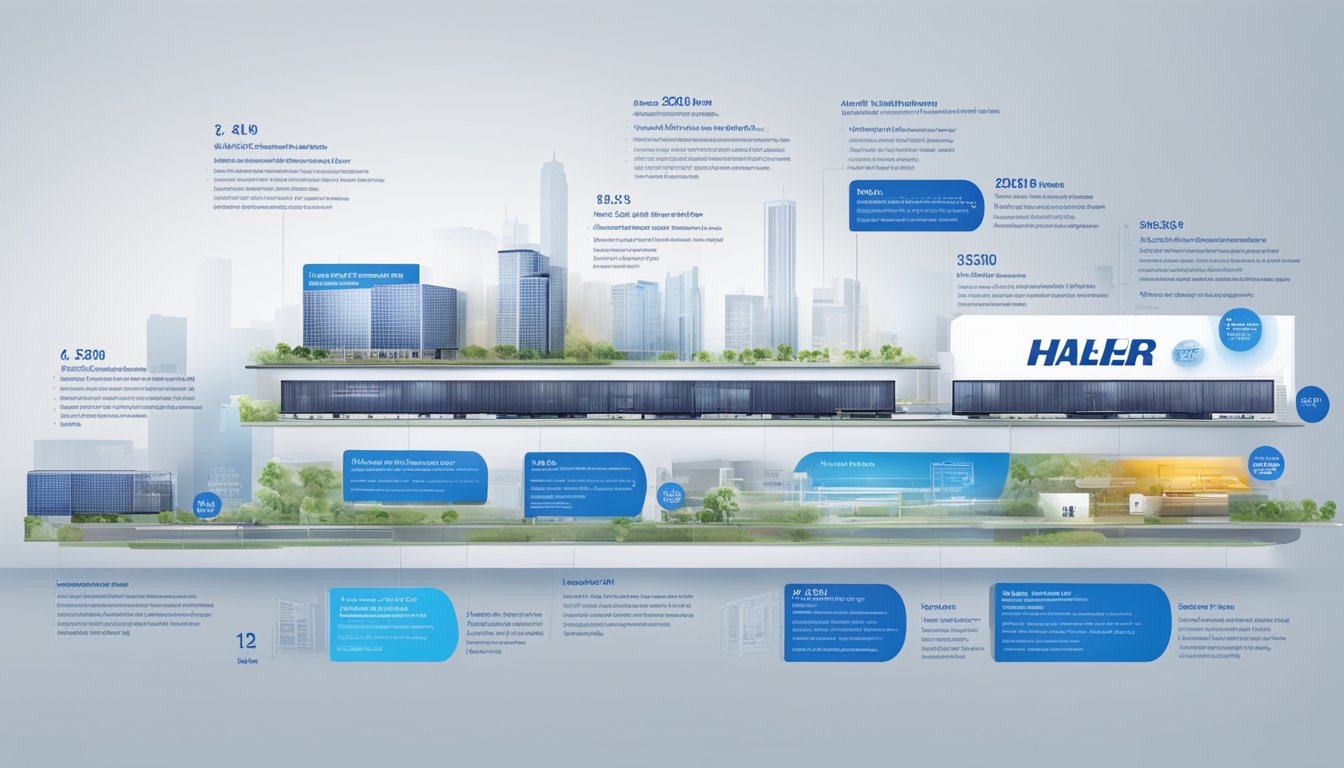 A timeline of Haier brand history, showcasing innovations and expansions through key milestones and achievements