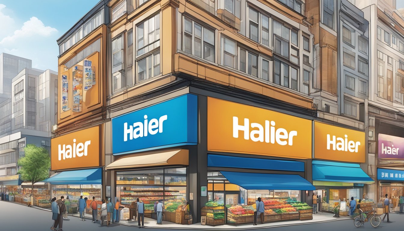 Haier's logo towering over a bustling market, with its products prominently displayed in every storefront. The brand's name is emblazoned on banners and billboards, asserting its dominance in the market
