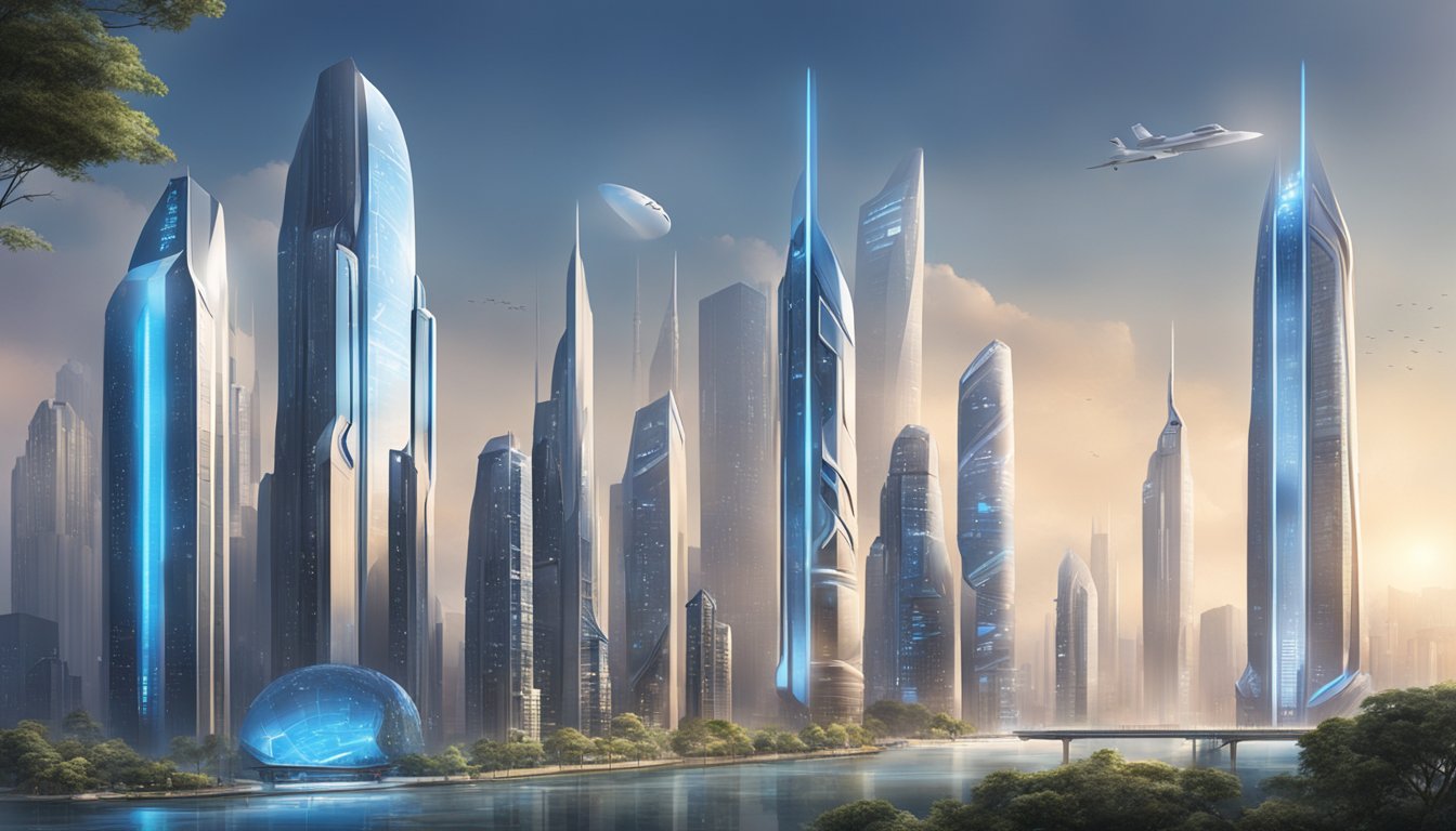 A futuristic city skyline with Haier brand logos displayed prominently on high-rise buildings. Advanced technology and innovation evident throughout the urban landscape
