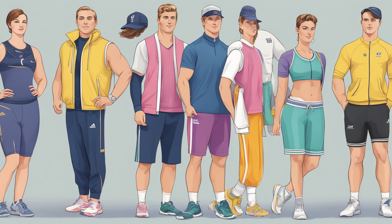A timeline of gym wear from 1900s to present, showcasing various brands and styles in a colorful display