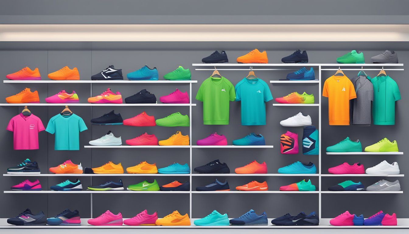 Top gym clothing brands displayed on shelves in a modern retail store. Bold logos and vibrant colors stand out against the sleek, minimalist backdrop