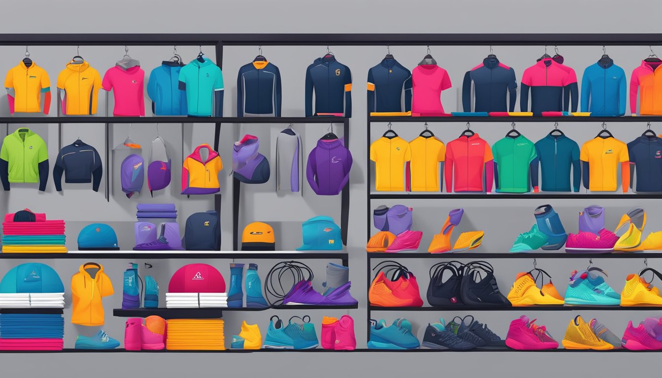 Men's and women's gym wear displayed on shelves with brand logos and vibrant colors