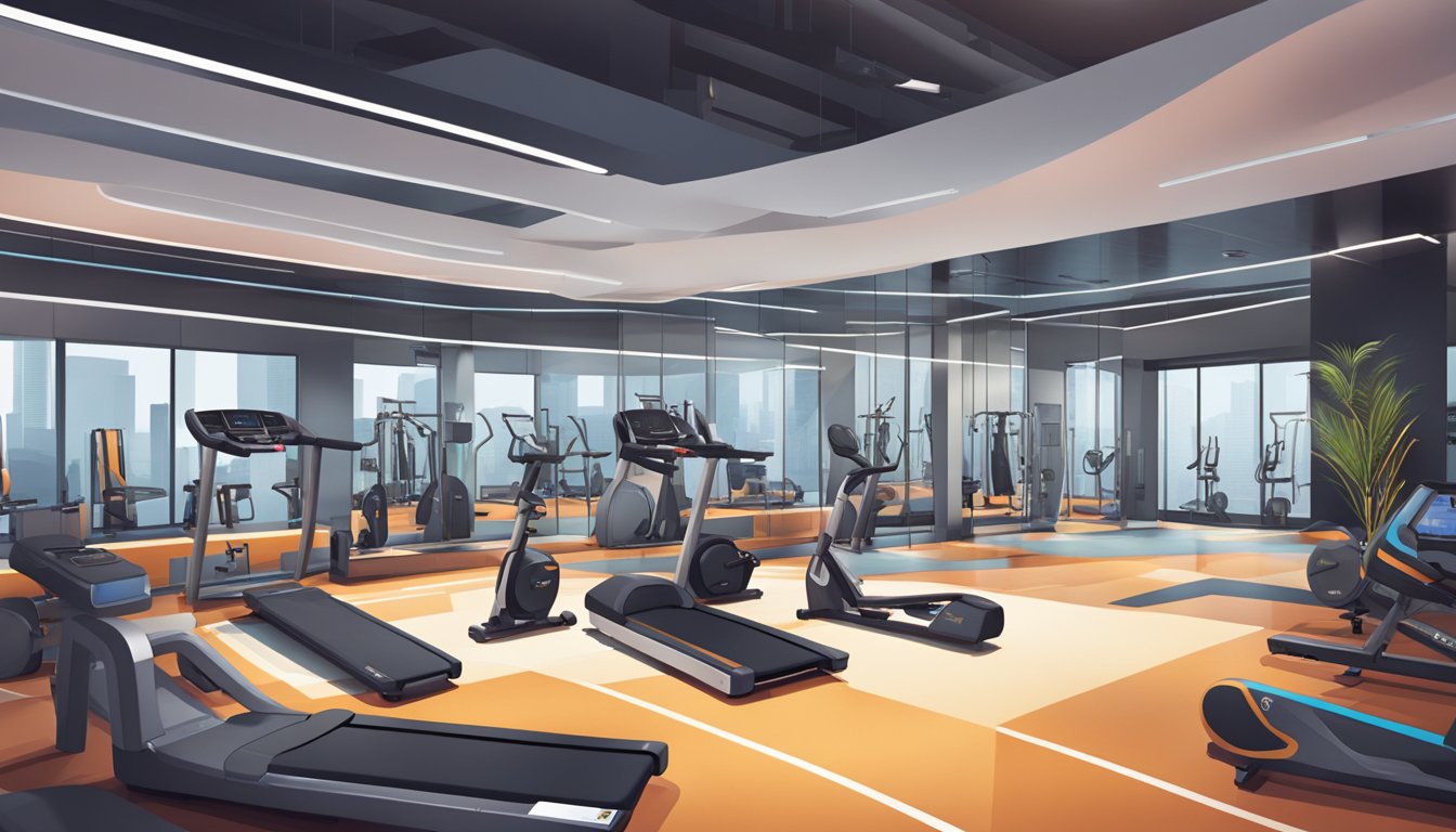 A sleek, modern gym with state-of-the-art equipment and vibrant, high-tech activewear on display