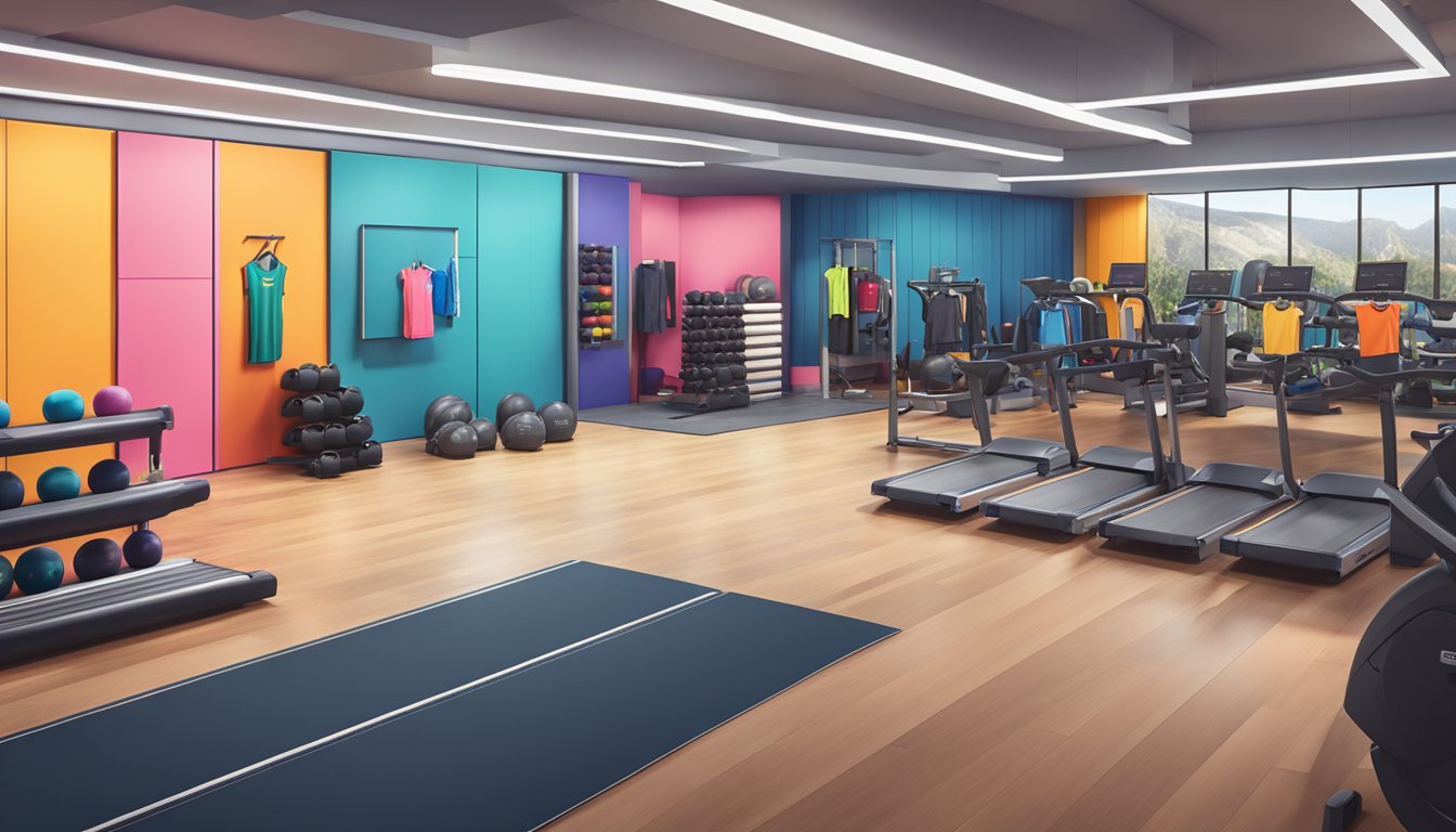 A sleek, modern gym setting with vibrant, stylish activewear from top fitness brands on display