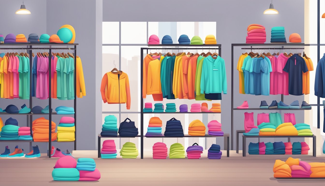 A bright, modern store with racks of colorful gym clothing from popular brands. Mannequins display stylish activewear sets. Customers browse and try on items