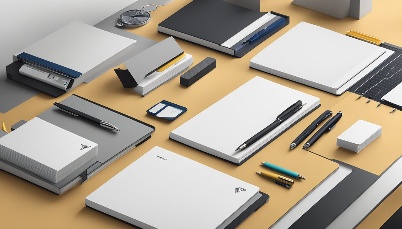 A table displays a range of Halcyon brand products, including notebooks, pens, and office supplies. The logo is prominently featured on each item