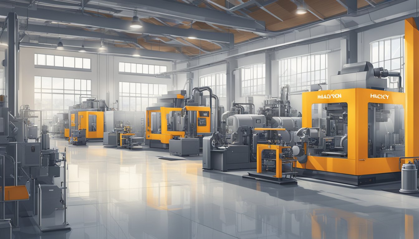 Machinery hums in a bright, clean factory. Halcyon brand logos adorn the walls and equipment, creating a sense of modern efficiency and innovation