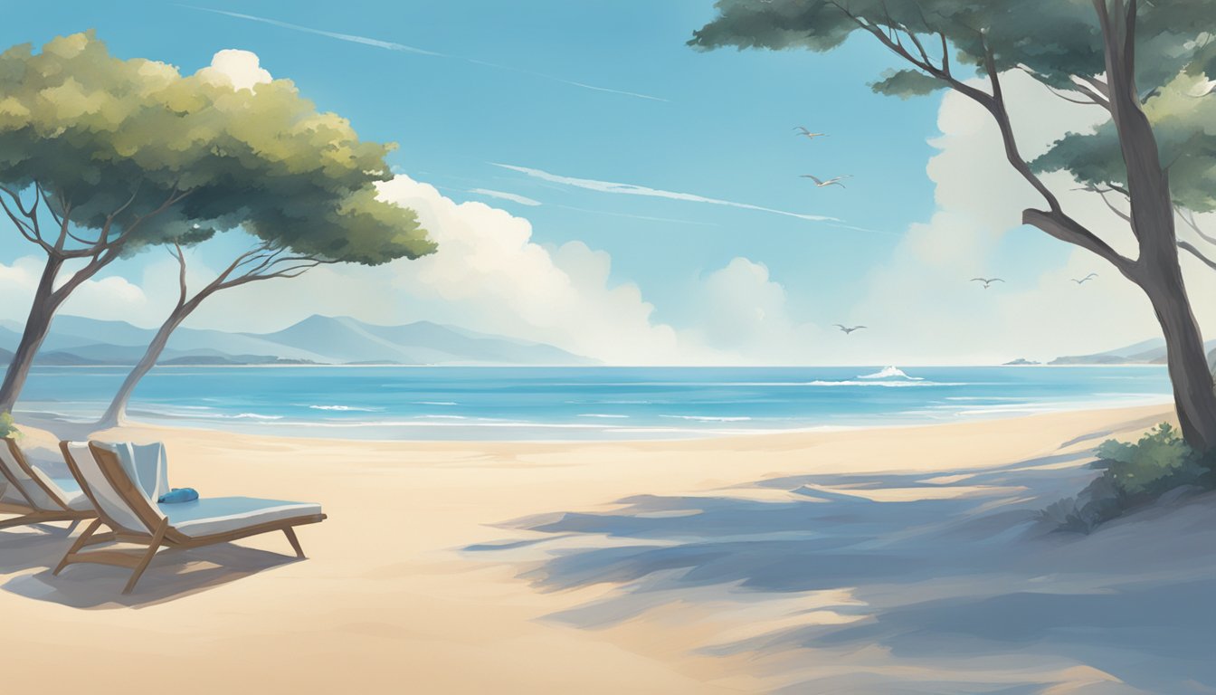 A serene beach scene with clear blue skies, calm waters, and a gentle breeze, featuring the Halcyon brand logo subtly integrated into the landscape