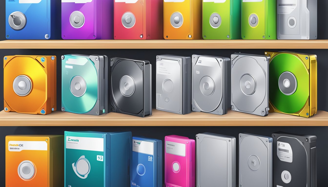 Various hard disk brands arranged on a shelf, with colorful labels and different sizes